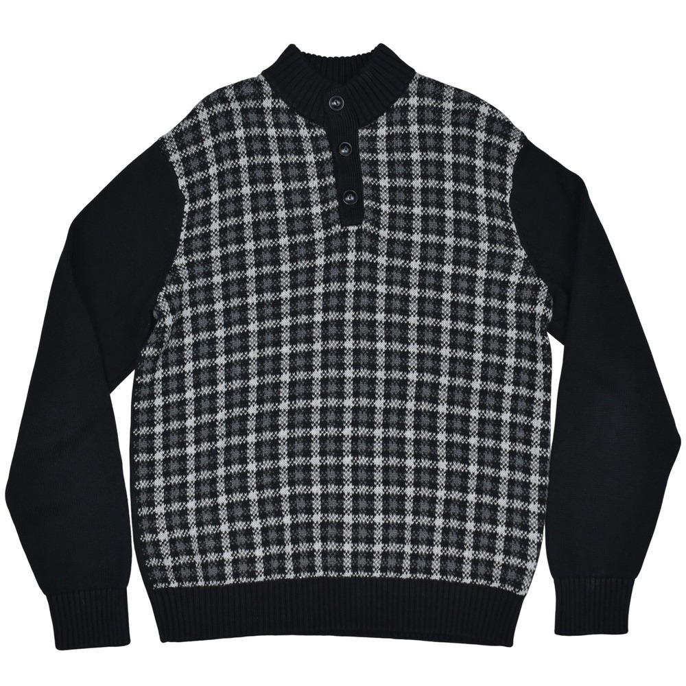Chaps Plaid Sweater Black Gray Mock Neck Button Knit Preppy Academia Grandpa M
